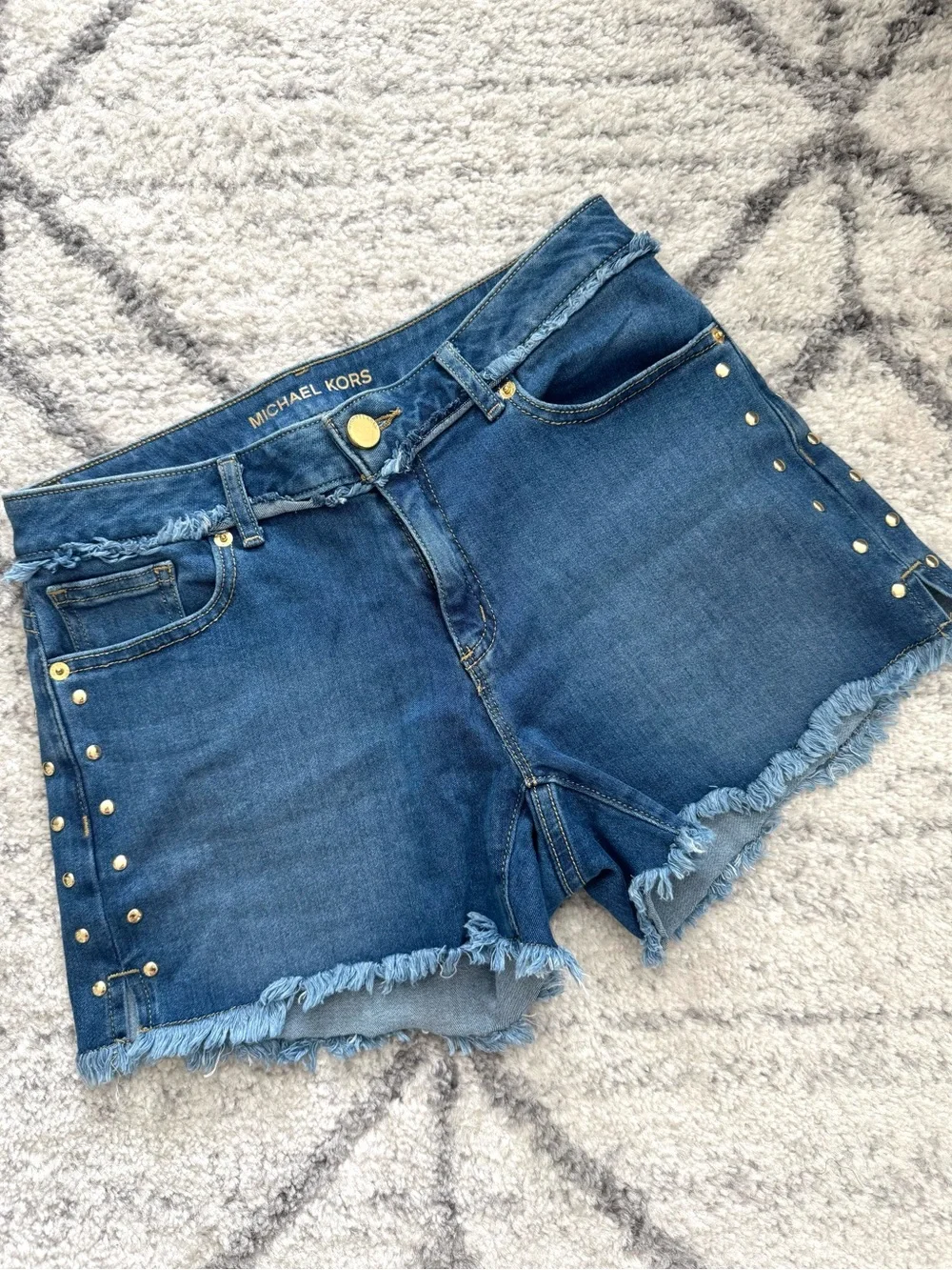 MICHAEL KORS Denim Frayed Hem Studded Shorts